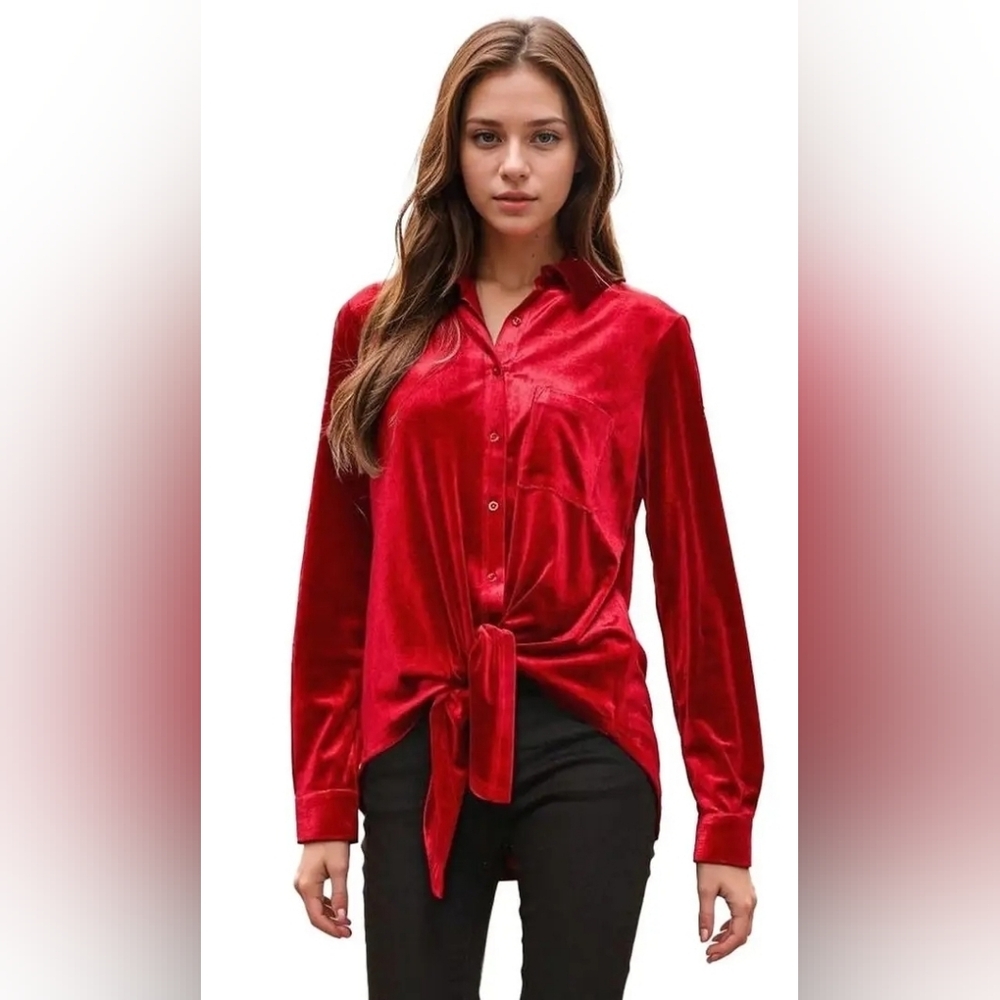 Pleione Red Velvet Button-Down Tie-Front Shirt